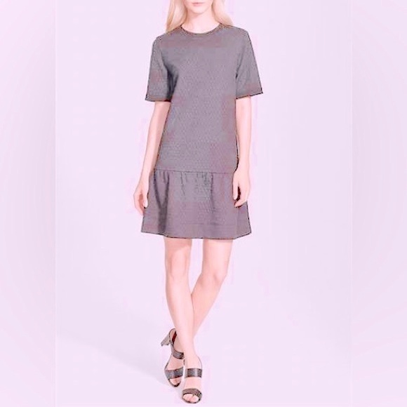 KATE SPADE Grey Diamond Quilted Crew Neck Ruffle Hem Drop Waist Dress - Picture 4 of 15